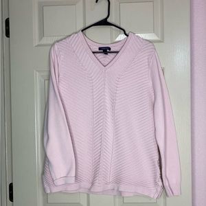 Lands End Cotton Vacation Pink V-neck Ribbed Sweater Sz Large